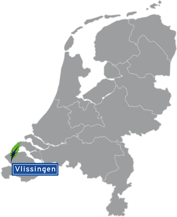 Grijze kaart van Nederland met Vlissingen aangegeven voor maatwerk taalcursus Duits zakelijk - blauw plaatsnaambord met witte letters en Dagnall veer - transparante achtergrond - 600 * 733 pixels